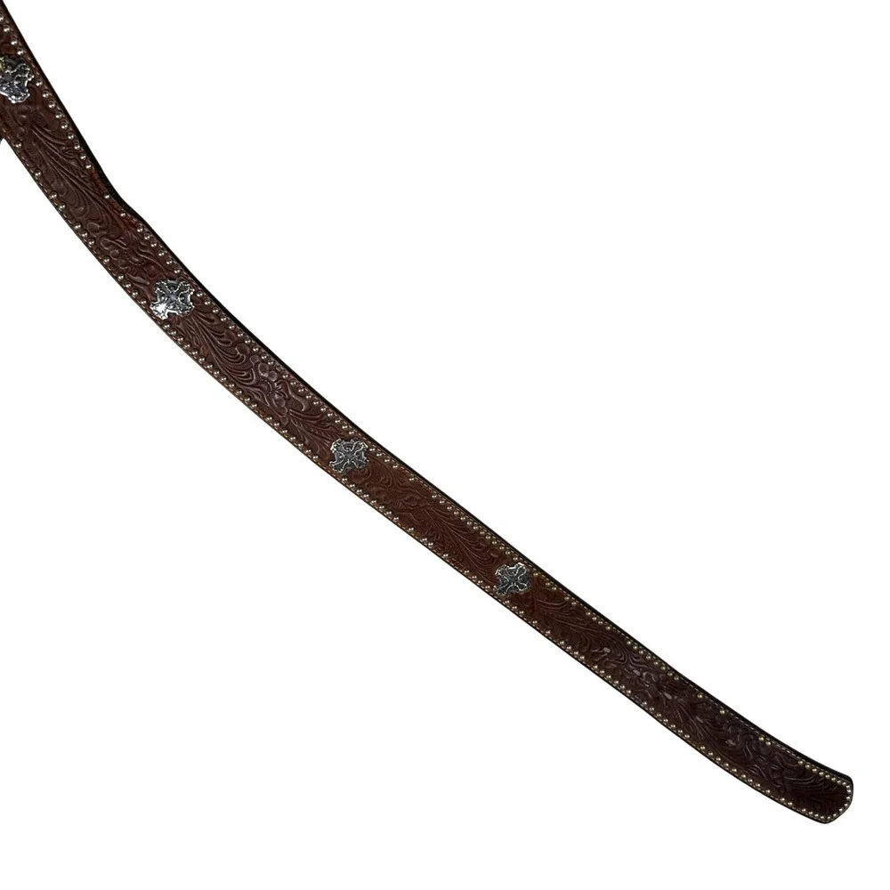 Mens Brown Tooled Leather Western Belt Silver Cross‎ Conchos Studded Size 38